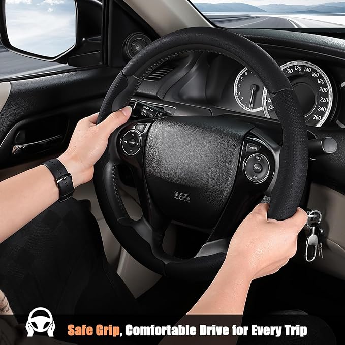 Aimato Customized Steering Wheel Cover for Honda Accord 2013-2017/Pilot 2016-2018/Crosstour 2013-2015, Thin,Anti-Slip,Scratch-Resistant Exclusive Car Accessory for Honda,Nappa Black
