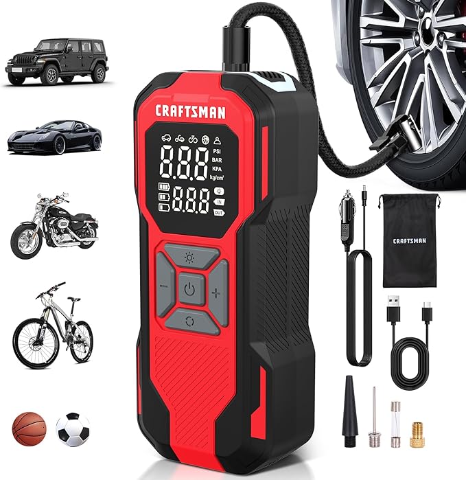 Craftsman Tire Inflator Portable Air Compressor - 20V Cordless Air Pump for Car Tires, 150PSI Upgrade High-Capacity Battery, Auto Shutoff Portable Tire Inflator for Car, LED Gauge & 12V DC Corded