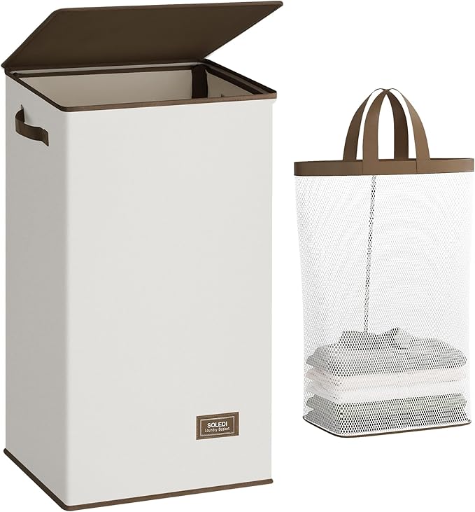 SOLEDI Clothes Hamper with Lid - 100L XL - Large Laundry Basket with Removable Bag, Collapsible Laundry Baskets, Convenient S