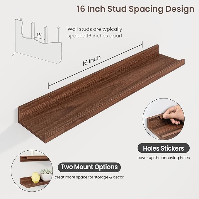 Axeman 30 Inch Floating Shelves | Walnut Picture Ledge Shelf Set of 3 | Rustic Wood Wall Shelves with Lip | 30" Walnut Pictur