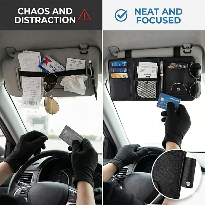 Car Sun Visor Multi-Pocket Organizer — Black (Universal Car/SUV/Truck Storage Pouch)