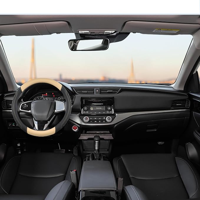 GIANT PANDA Microfiber Leather Steering Wheel Cover for Honda Accord,Civic,CR-V,HR-V,Pilot(Black+Beige-Standard Size)