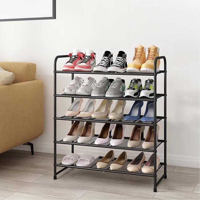 Simple Trending 5-Tier Stackable Shoe Rack, Expandable & Adjustable Shoe Organizer Storage Shelf, Wire Grid, Black