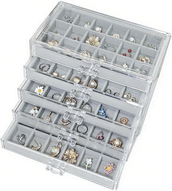 Acrylic Earring Holder Organizer with 5 Drawers Clear Earring Organizer Box with 90 Adjustable Grids Velvet Earring Display C