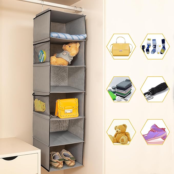 BrilliantJo 6 Shelves Hanging Closet Organizer, 2 Pack Hanging Storage with 4 Side Pockets for Clothes Shoes, 43.5"x12"x12"(G