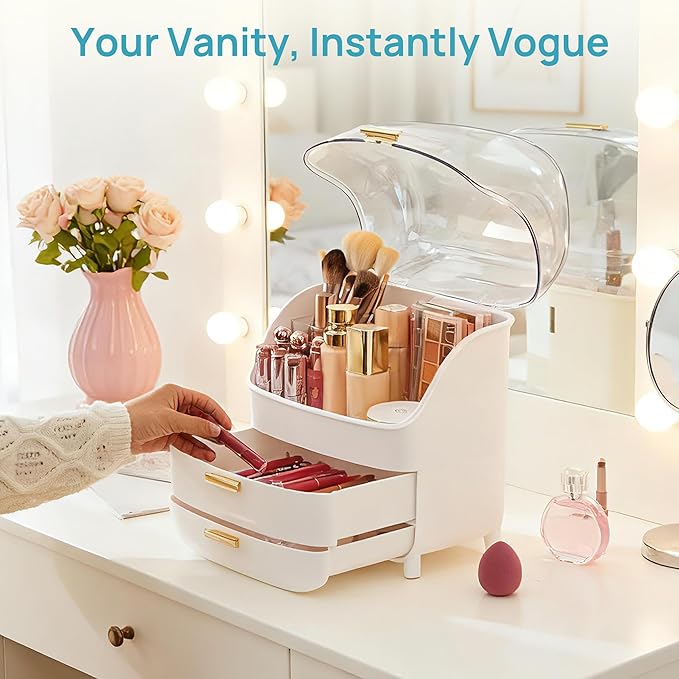 Vtopmart 3-Tier Skincare Makeup Organizer with Drawers and Lid for Vanity and Bathroom Countertop, Large Cosmetic Storage Box