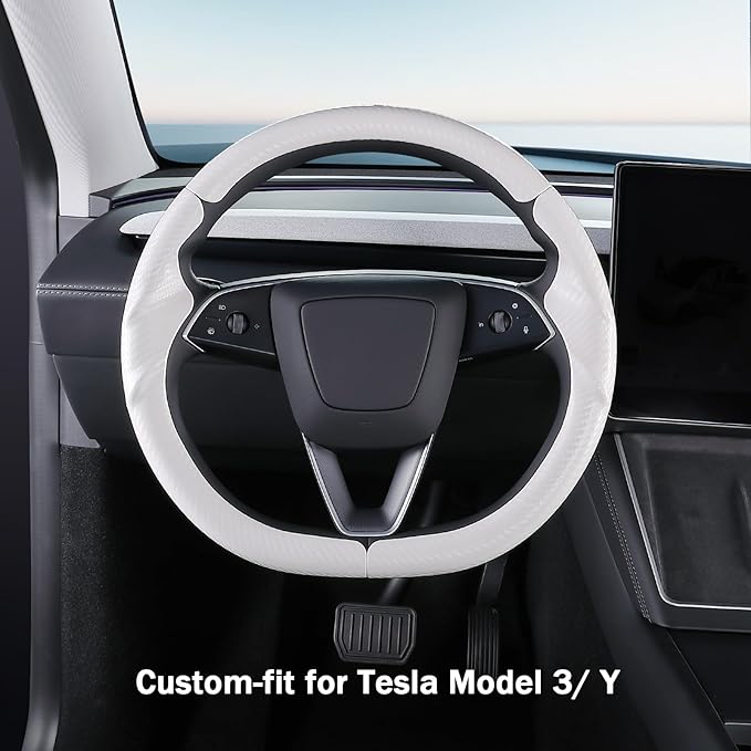 Steering Wheel Cover for Tesla Model 3 2024-Present Highland/Tesla Model Y Juniper 2025-Present, Carbon Fiber Steering Wheel Cover for Tesla Model 3 Highland/Y Juniper Accessories, Matte White