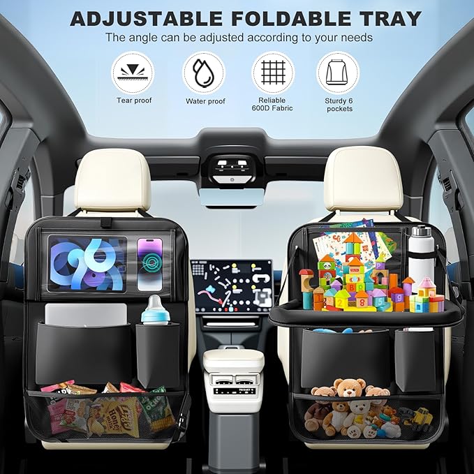 Car Backseat Organizer with Tablet Holder,6 Storage Pockets Car Storage Organizer with Foldable Food Tray,Kick Mats Backseat Protector Travel Accessories (Black)