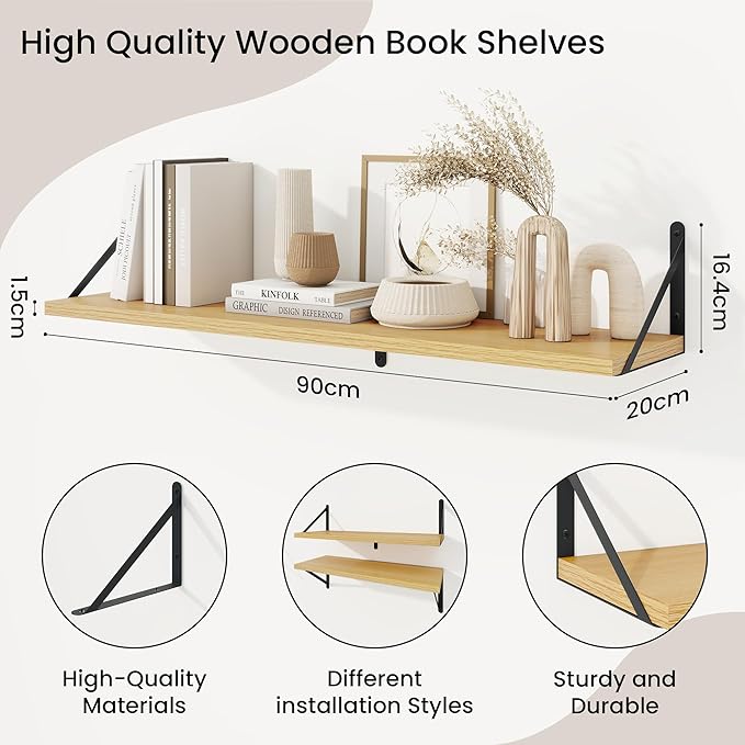 Book Shelf for Wall, Oak Shelf, Floating Shelves with Brackets, 36 inch Wall Shelves Set of 3, Particle Board Shelving for Ki