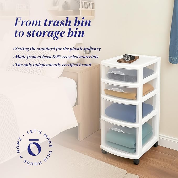 HOMZ Drawer Tower, 4-Tier Clear Plastic Storage Organizer Cart, White Frame – Rolling Containers with Wheels for Bathroom, Be