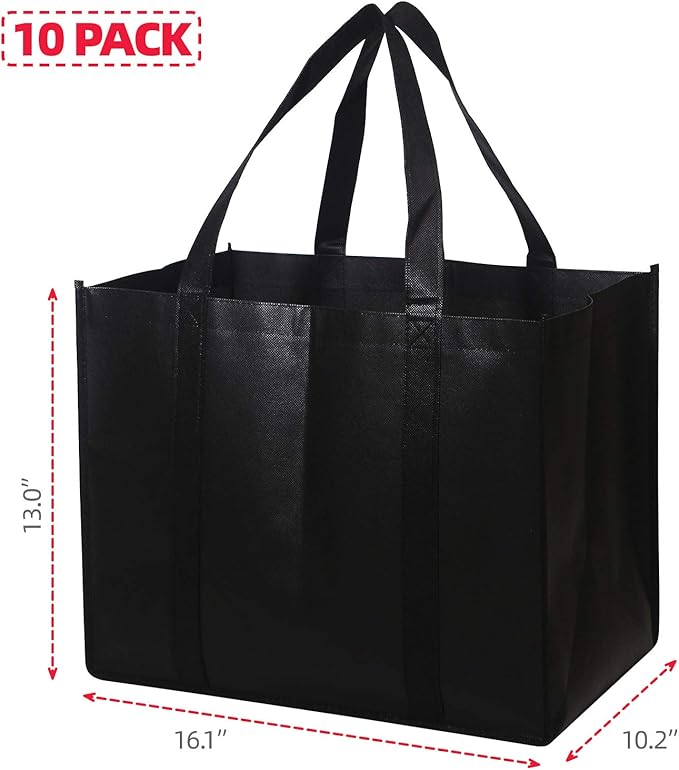 DIOMMELL Set of 10 Reusable Grocery Bags Extra Large Foldable Heavy Duty Shopping Tote Produce Bag with Reinforced Handles, Black