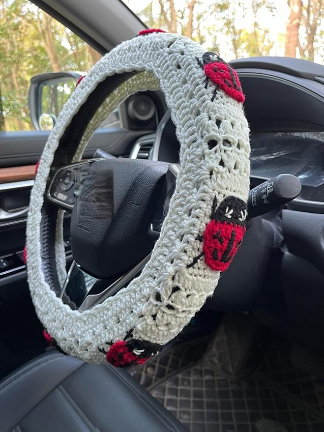 Crochet Ladybug Steering Wheel Cover Universal 14-15 inch (A,Steering Wheel Cover)