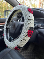 Crochet Ladybug Steering Wheel Cover Universal 14-15 inch (A,Steering Wheel Cover)