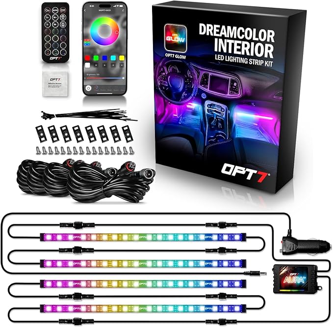 OPT7 Aura DreamColor RGB-IC LED Car Interior Light Strips, 4PC Interior Ambient Lighting Kit with APP & Remote Control, 12V Color Chasing Lights Universal for SUV Trucks Pickups Van, Easter Gifts