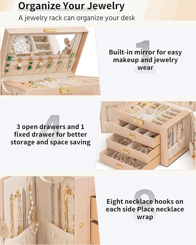 AKOZLIN Large 4-Tier Jewelry Box Leather Jewelry Storage Organizer with 3 Drawers Lockable for Women Girls Ring Necklace Earr