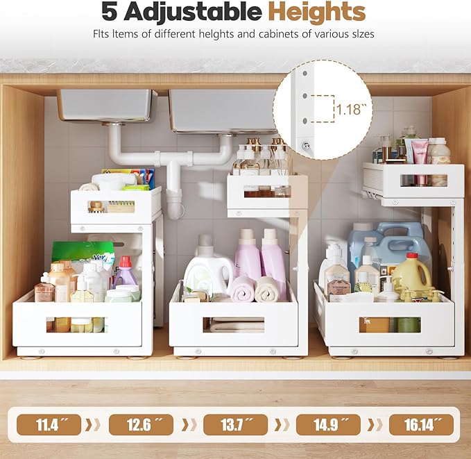 2-Pack Under Sink Storage Organizer, Large 2-Tier Elegant Mesh Pull Out Shelf for Kitchen and Bathroom Cabinet Organization, 