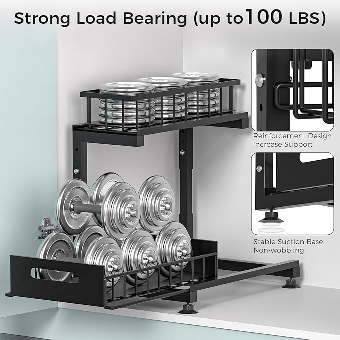 Under Sink Organizer, 2-Tier Premium Metal Pull-Out Racks with Adjustable Height, Heavy Duty Sliding Bin for Bathroom and Kit