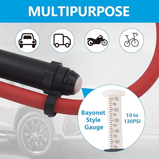 10-120 PSI Tire Inflator Gauge with Lock on Air Chuck and 12" Air Hose, Tire Air Pressure Gauge with Air Compressor Accessory for Car Truck Motorcycle Bike