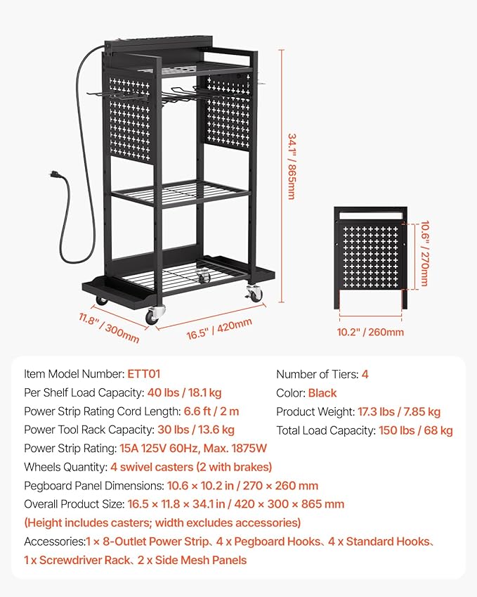 VEVOR 4-Tier Tool Organizer Cart with Charging Station, 8 AC Outlet, Floor Stand Rolling Drill Holder and Tool Battery Storag