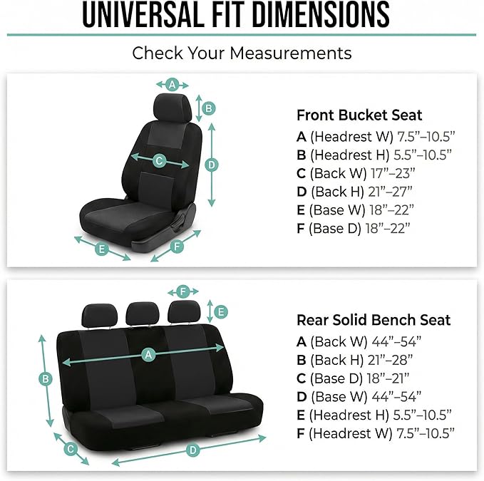 FH Group Flat Cloth Full Set Car Seat Covers Three Row 7 Seater - Universal Fit for Cars, Trucks & SUVs (Solid Black)