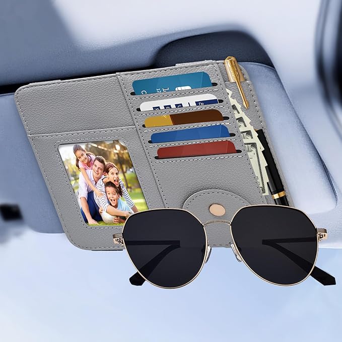 Visor Organizer, Grey Sunglass Holder For Car, Sunvisor Organizers with Multiple Pockets and Picture Frame, Essential Car Interior Accessories for Women and Men