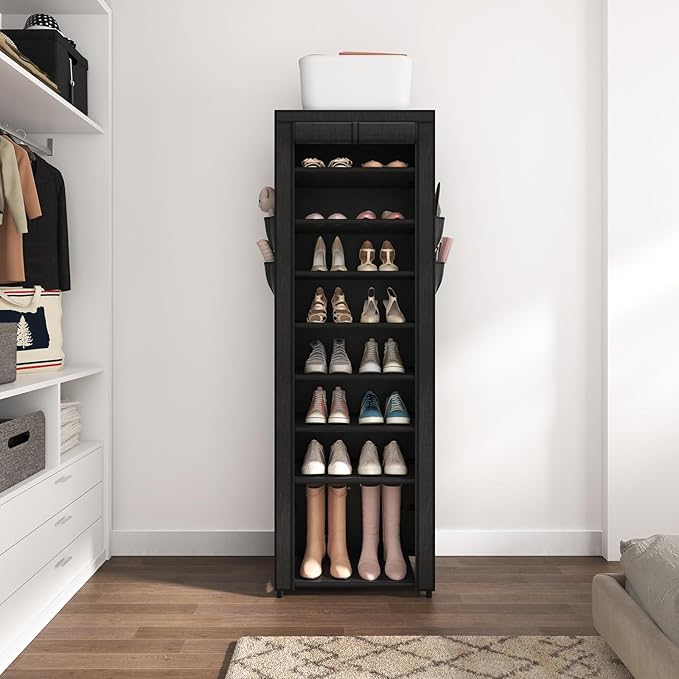 VILICK Shoe Rack with Cover Narrow Shoe Organizer with 4 Side Pockets 10 Tier Tall Shoe Storage Holds 18-22 Pairs Shoes and B