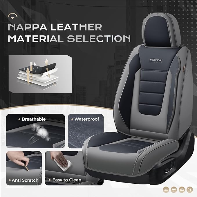Coverado Car Seat Covers Full Set, Nappa Leather Seat Covers for Cars, Car Seat Protector Car Seat Cushion, Front and Back Se