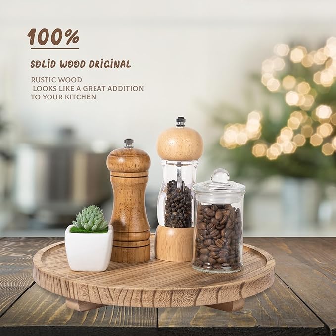Round Decorative Tray Wood Bathroom Counter Organizer Farmhouse Kitchen Decor Wooden Riser for Soap Dish, Perfume, Candle, Sp