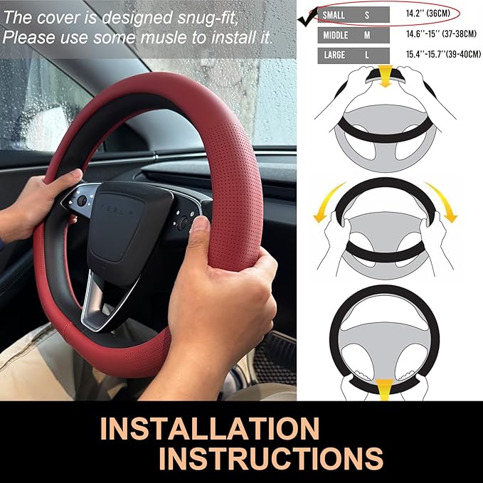 PINCTROT Nappa Leather Steering Wheel Cover for Tesla Model Y/3 Highland/Juniper, D Shaped 14 Inch Small Sized with Breathabl