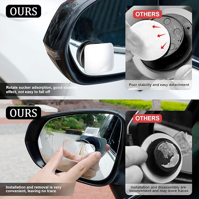 LivTee Blind Spot Car Mirror, Rectangular HD Glass Frameless Convex Side Mirror Blindspot, Reusable 360° Wide Angle Rear View Car Mirrors with Powerful Adjustable Suction Cup - Exterior Mirrors
