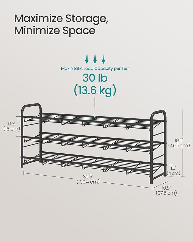 SONGMICS Stackable Shoe Rack, 3 Tier Metal Shoes Rack Storage Shelf, Holds up to 15 Pairs, Adjustable Slanted Shelves Tower O