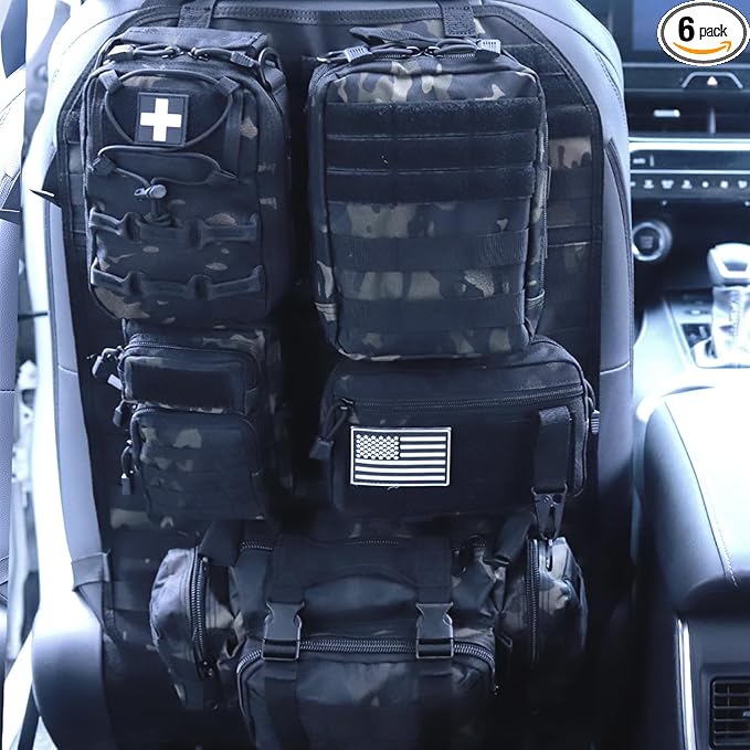 Universal Tactical Car Seat Back Organizer Bag Tactical Molle Vehicle Organizers Panel Vehicle Protector Organizers with 5 Detachable Pouches for Car Truck Ford Jeep (Model B-Black camo)