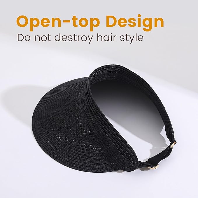 Sun Visor Hat for Women, Wide Brim Straw Summer UV Protection Hat, Foldable Roll-up Packable Beach Cap