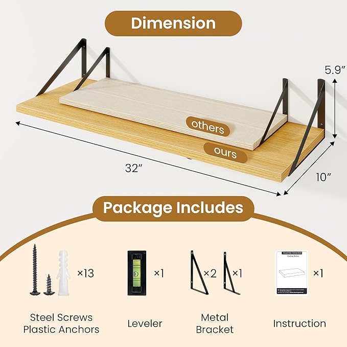 Floating Shelf for Wall,32" WX10 D Wood Floating Shelves with Sturdy Metal Bracket Set of 2,Wall Mounted Hanging Shelf for Ba