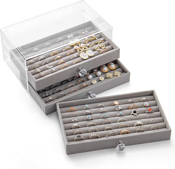 SPAKOWN Ring Box Display Holder, Clear Velvet Jewelry Storage Tray Organizer for Ring Stud Earring (Grey - 3 Drawers)