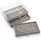 SPAKOWN Ring Box Display Holder, Clear Velvet Jewelry Storage Tray Organizer for Ring Stud Earring (Grey - 3 Drawers)