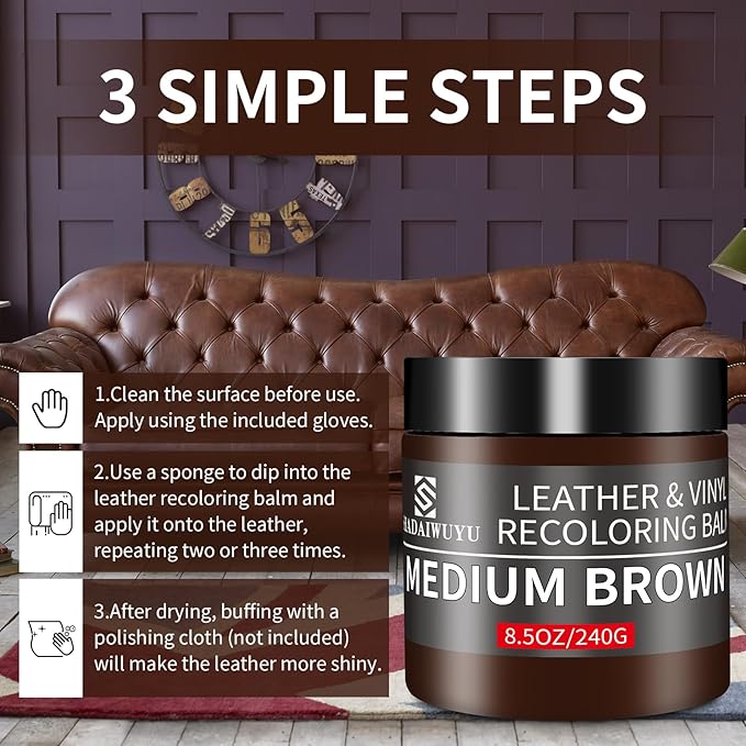 Leather Recoloring Balm,8.5oz Leather Color Restorer,Medium Brown Leather Repair kit for Furniture and Car Interior,Leather C