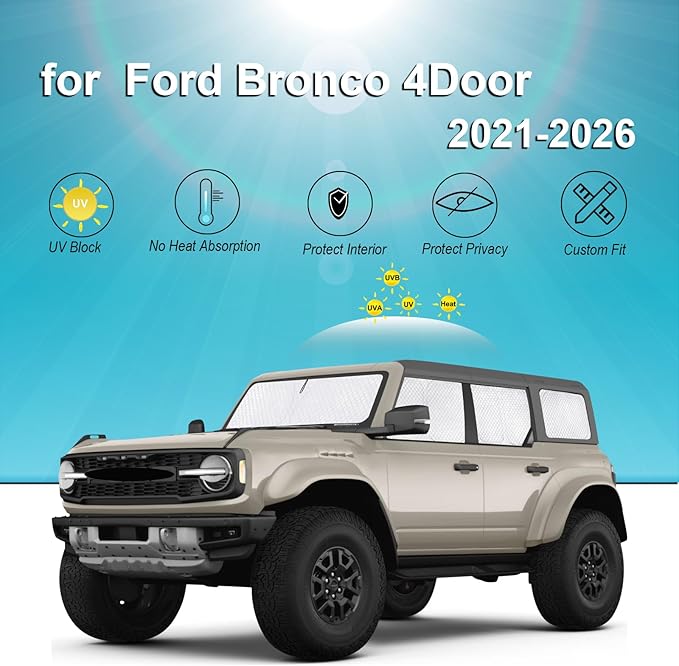 KMF 7pcs Thicken Sun Shades for Ford Bronco 4Door(Not Sport) 2021-2025 Accessories, Car Window Covers Sunshade for Windshield Side, UV Block and Privacy Blackout for Camping Outdoor