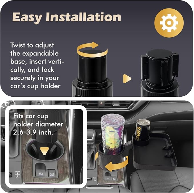OtterVerz 11 Upgraded Car Cup Holder Tray, 3 in 1 Car Cup Holder Expander Adapter, 360° Rotating Detachable 10.5" Car Food Tr
