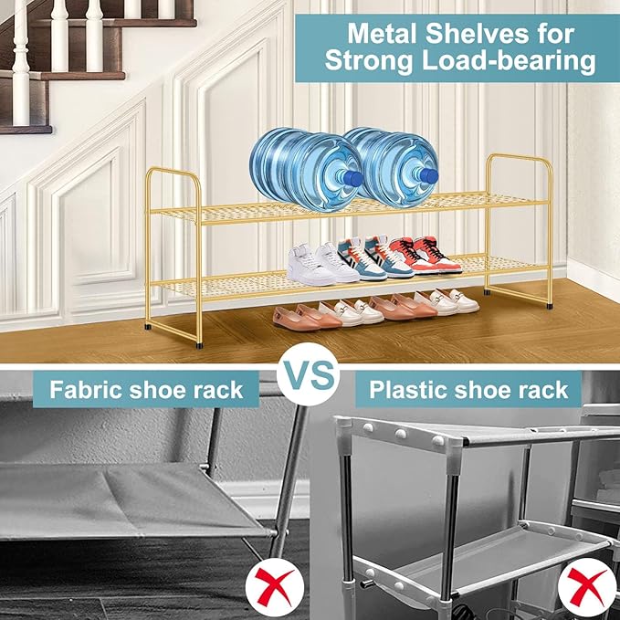 AOODA Long 2 Tier Shoe Rack for Closet Metal Wide Stackable Shoe Storage Organizer for Entryway, Bedroom, Floor, 18-Pairs Low