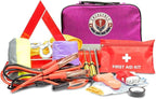 Roadside Car Emergency Kit - First Aid Set, Jumper Cables, Tow Strap, LED Flash Light, Rain Coat, Tire Pressure Gauge, Safety