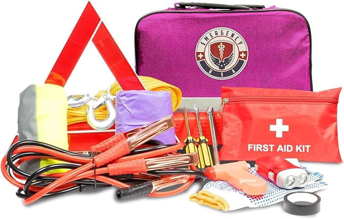 Roadside Car Emergency Kit - First Aid Set, Jumper Cables, Tow Strap, LED Flash Light, Rain Coat, Tire Pressure Gauge, Safety