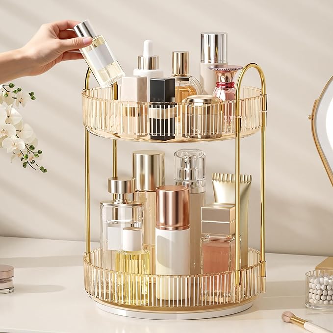 360° Rotating Makeup Organizer, Large Capacity Skincare Organizer, 2 Tier Cosmetic Skin Care Perfume Dresser Organizer, Fits 