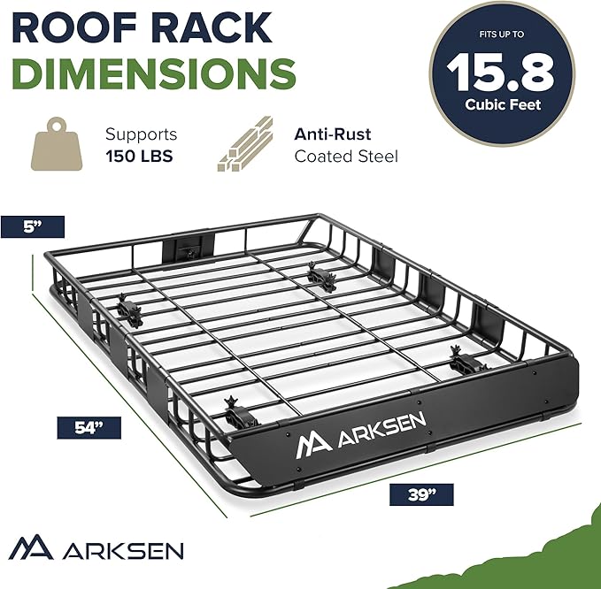 ARKSEN 54 x 39 x 5 Inch Roof Rack Cargo Carrier, Rooftop Cargo Basket with Extension, 150 lbs Capacity Heavy Duty Car Top Luggage Rack for SUV, Pickup Truck with Net & Ratchet Straps