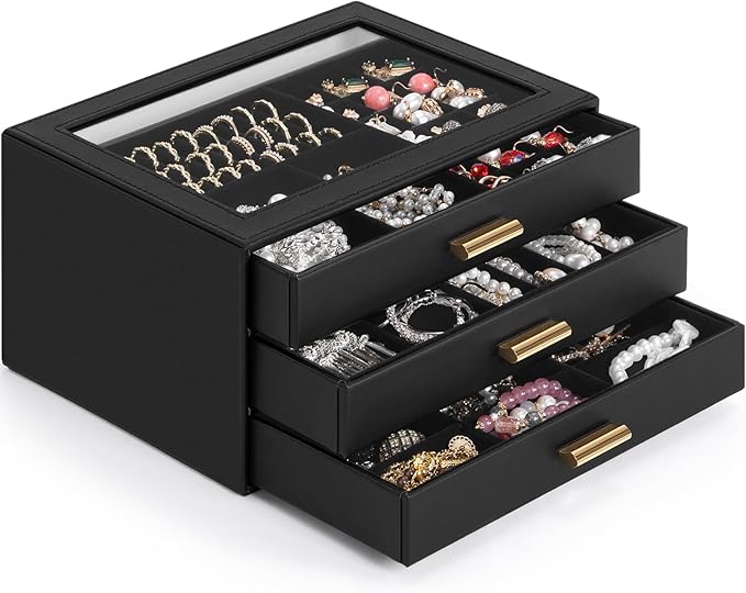 AKOZLIN Jewelry Box with Clear Lid Functional Leather Jewelry Storage Organizer Case 3 Drawers for Women Girls Necklace Ring 