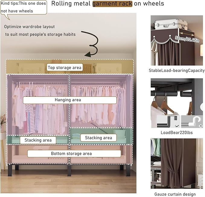 Heavy Duty Portable Wardrobe, Metal Foldable Covered Clothes Rack, 1500LBS, Freestanding Closet System Rolling Garment Rack, 