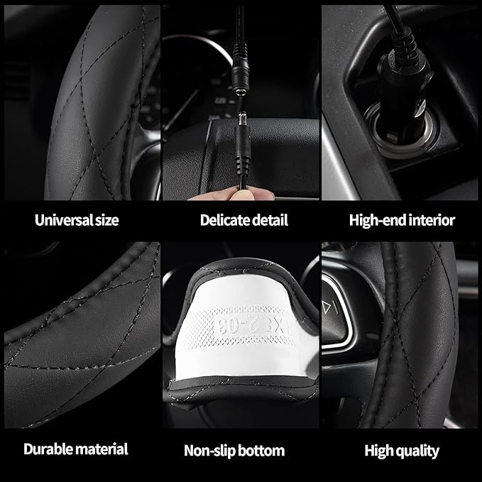 Heated Steering Wheel Cover - WARMITORY Luxury Steering Wheel Heater, 12V Quick Hand Warmer, 14.5-15 inches Outer Diameter for Standard-Size Car Steering Wheels(Leatheret PU)(Black)