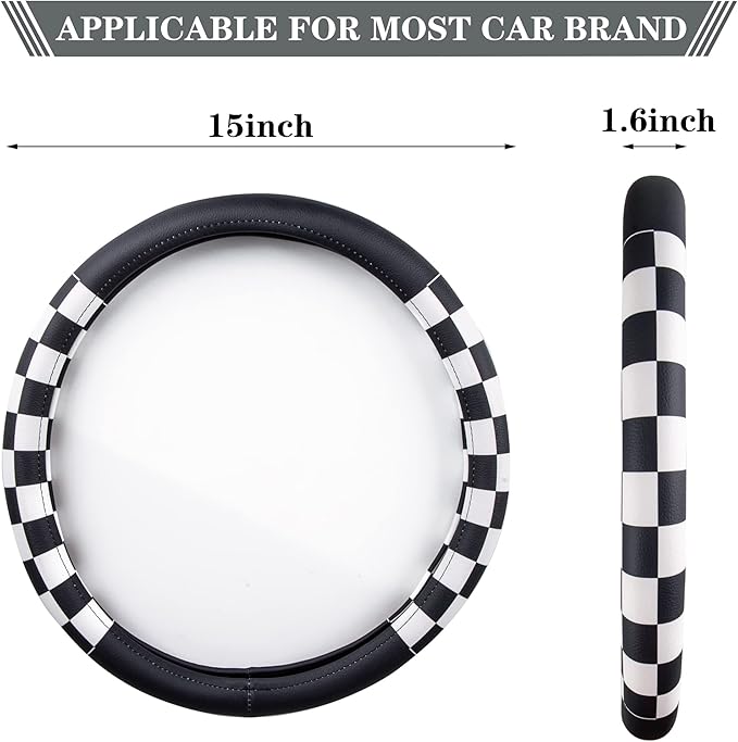 Evankin Lattice Leather Steering Wheel Cover, Black and White Checker Car Accessories, Non-Slip and Comfortable Unisex Univer