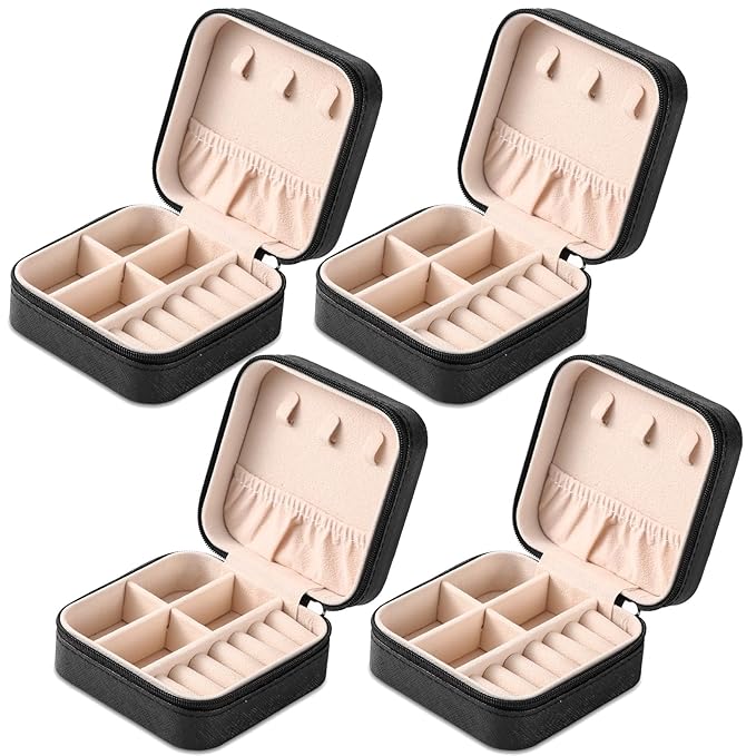 Neveika Portable Travel Mini Jewelry Box Leather Jewellery Ring Organizer Case Storage Gift Box Girls Women (4pcs black).