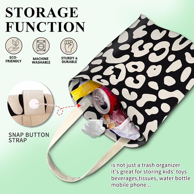 Car Trash Can, Cute Car Trash Bag, Hanging Car Organizer and Storage Bag, Trash Bin for Car Accessories, Vehicle, Travelling, Camping Black White Leopard